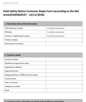 Field Safety Notice Customer Reply Form