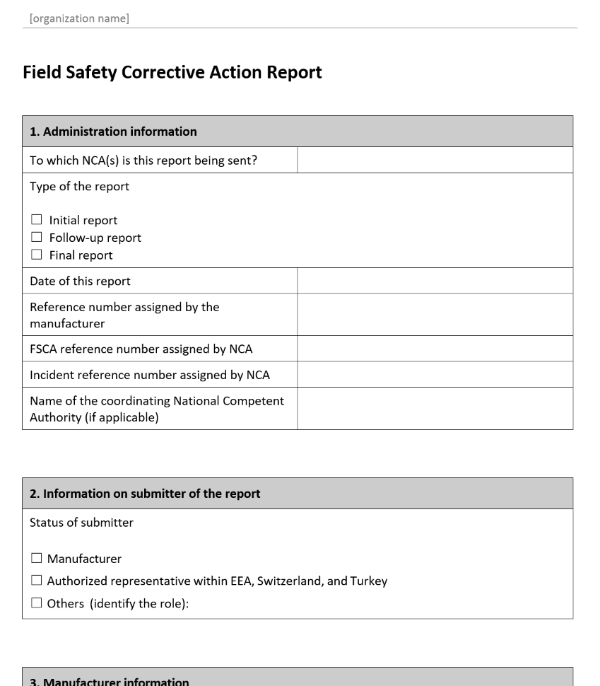 Field Safety Corrective Action (FSCA) Report