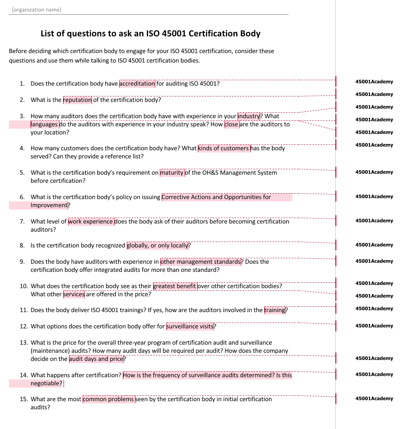 List of Questions to Ask an ISO 45001 Certification Body