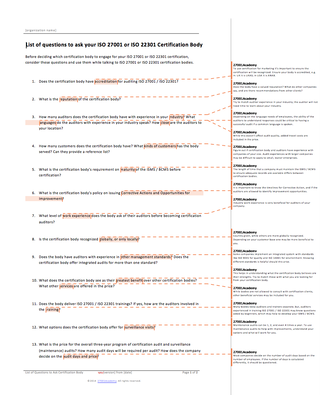 List of questions to ask an ISO 27001 or ISO 22301 certification body